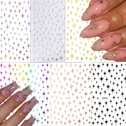 Star Nail Stickers 6 Sheets Self-Adhesive Holographic Gold Silver Decals