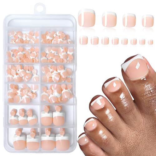 French Tip Press on Toenails - 168pc Short Square Fake Toe Nails Nude