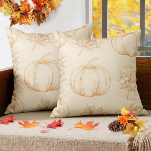 Faylapa Set of 2 Beige Fall Pillow Covers 18x18 Inch for Thanksgiving