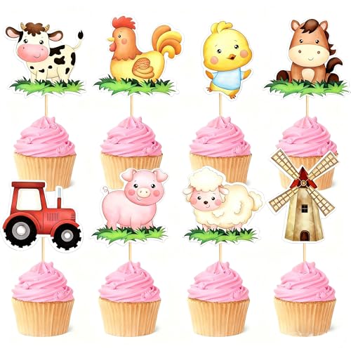 16 Farm Animal Cupcake Toppers - Birthday Party Decorations