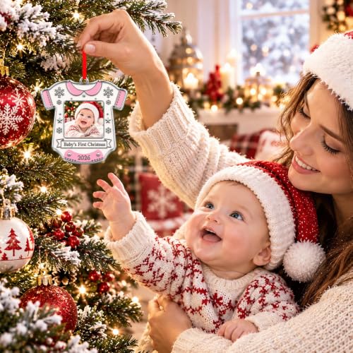 Baby's First Christmas 2026 Ornament with Photo Frame - Pink, Metal, Style 3