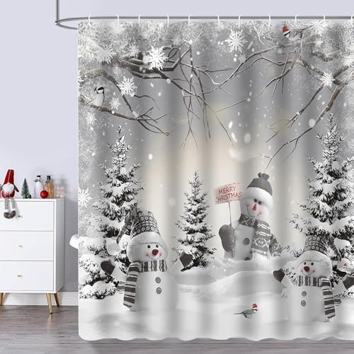 Christmas Shower Curtain Set with Snowman & Tree Design - 72x72