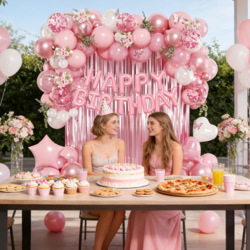 Pearl Pink Birthday Decorations Set with Foil Balloons and Banner