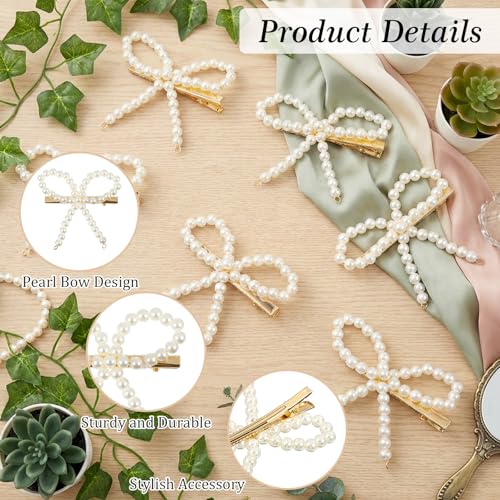Nogeqi 6PCS Pearl Bow Hair Clips Elegant Non-Slip Barrette Accessories