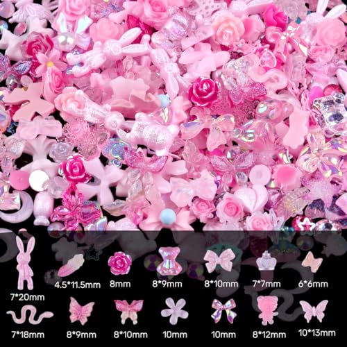 Sinyanail 300pcs Pink Nail Art Charms Kit with Resin Gems Rhinestones Pearls and Sequins