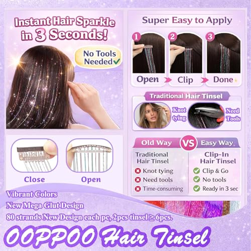 Onweave Clip-In Hair Tinsel 14 Pcs Colorful Glitter Extensions 22 Inch