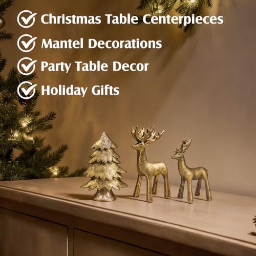 Christmas Reindeer & Tree Figurines Set of 3 - Gold Resin Holiday Decor - Variation of Reindeer & Tree
