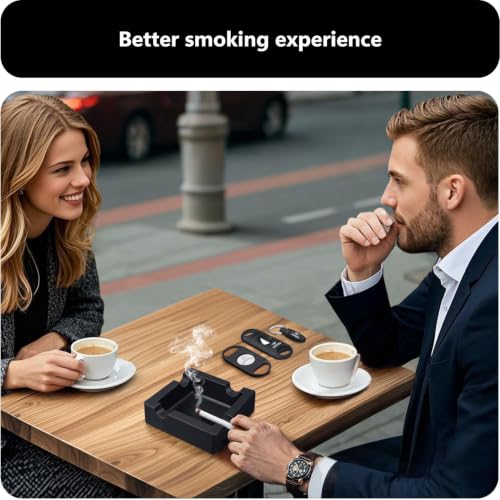 Roygra Black Large Cigar Ashtray Set with 3 Cutters Outdoor Patio Accessory