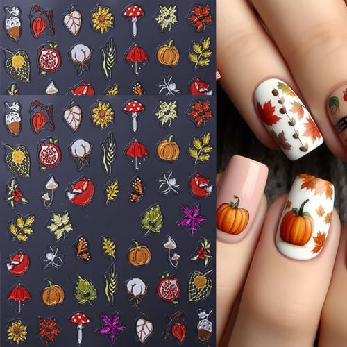 Fall Nail Art Stickers 2 Sheets Thanksgiving Pumpkin Maple Leaf Decals