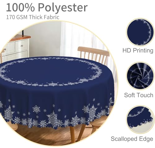 Christmas Round Tablecloth 60 Inch Navy Blue & White Snowflakes Waterproof Fabric