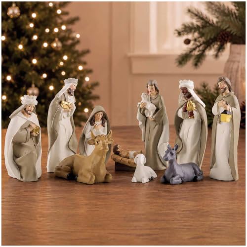 Brown Resin Nativity Set with 10 Figurines - Indoor Christmas Scene, 4.8 Inch - Variation of Brown