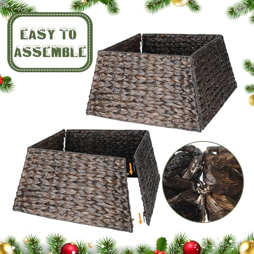 Christmas Tree Collar Water Hyacinth Woven Farmhouse Square Base Cover - Brown Black - 22 Inch