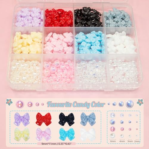 qiipii 3D Bow Nail Charms & Half Pearl Beads Set, 8-Color Kawaii Bowknot Art Supplies