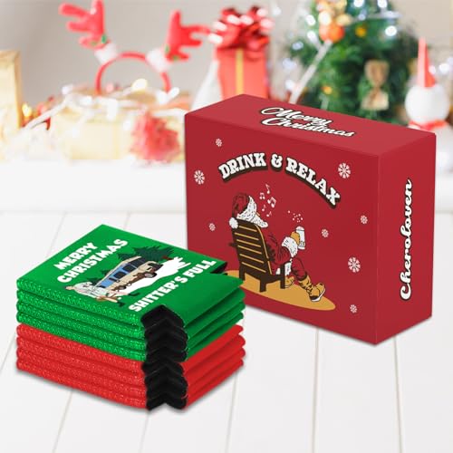 Funny Christmas Beer Can Coolers - 8 Pcs Holiday Beverage Sleeves, Reusable Neoprene Can Holders