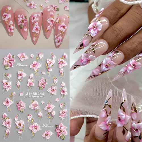 5D Embossed Flower Nail Stickers - Pink & White Floral Decals (4 Sheets)