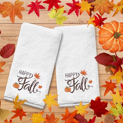 Fall Hand Towels Set of 2 - Pumpkin Embroidered Kitchen & Bath Towels, 14x30 Inches