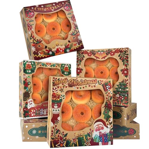 Christmas Kraft Cookie Boxes with Window - 12 Pack, 10x10x2.5 Inch Bakery Gift Boxes - Christmas Gifts
