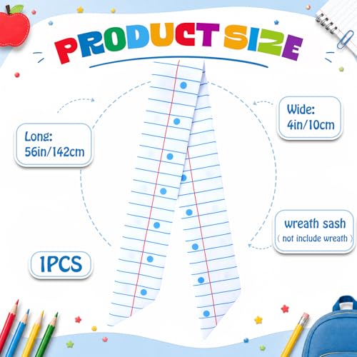 Notebook Paper Wreath Sash - 56'' x 4.5'' Decorative Ribbon for Back to School | Teacher Appreciation