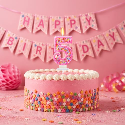 Number 5 Birthday Candle - Hot Pink Star Sequin Cake Topper Decoration