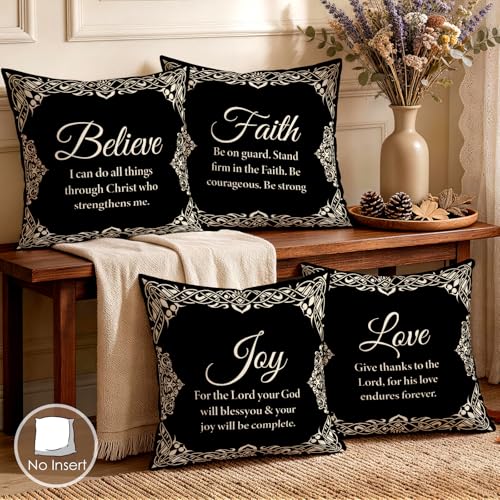 Black & White Bible Verse Throw Pillow Covers 18x18 in Set of 4