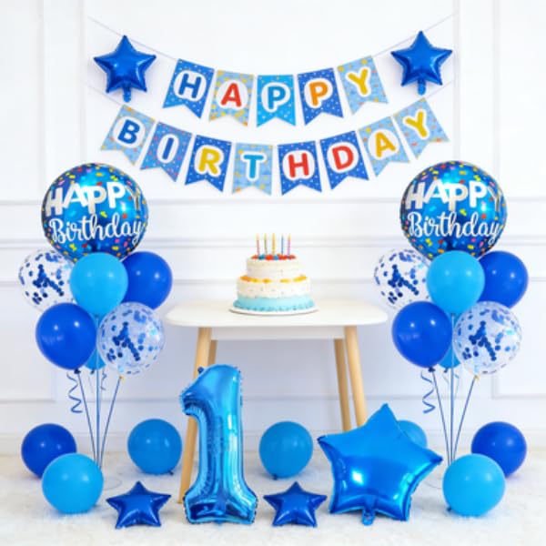1st Birthday Balloon Decoration Set - Blue Number 1 Foil Balloon Kit