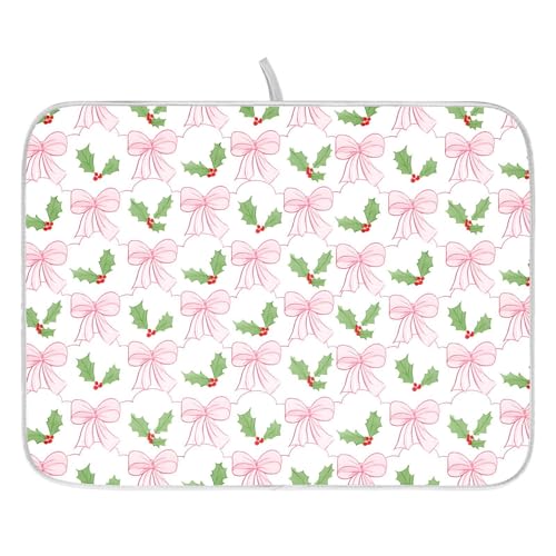 Pink Bow Dish Drying Mat - Absorbent Kitchen Drainer 18"x16"