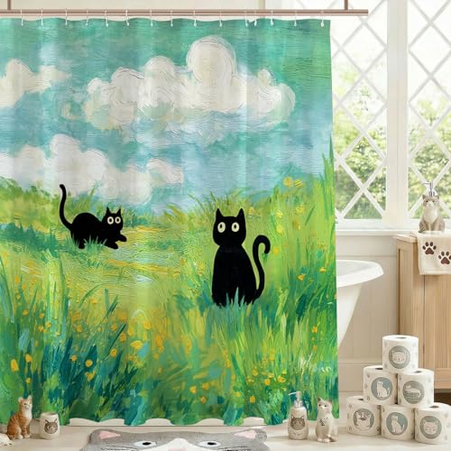 Funny Cat Shower Curtain - Waterproof Black Cat Design, 72x72 Inch