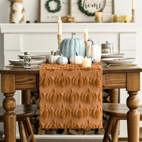 Caramel Faux Fur Pumpkin Fall Table Runner 13x48 Inch - Autumn Decor