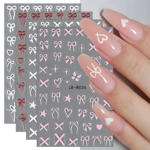 JMEOWIO 8 Sheets Heart Bow Tie Nail Art Stickers Decals Pink