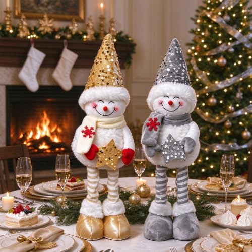 Christmas Snowman Decor Set - 20-Inch Plush Standing Figures with Extendable Legs - Gold & Silver, Pack of 2