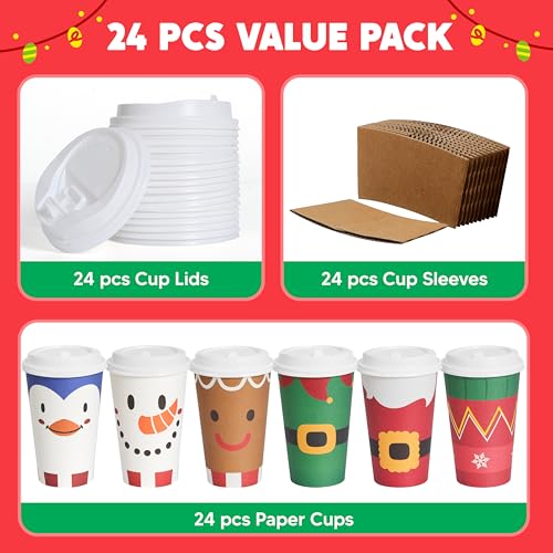 JOYIN 24 PCS Merry Christmas Disposable Paper Cups with Sleeves and Lids, 6 Designs Xmas Drinkware 16 oz, Snowflake Santa Elk Cups for Hot Coffee Cold Beverage Holiday Tableware Supplies Favors