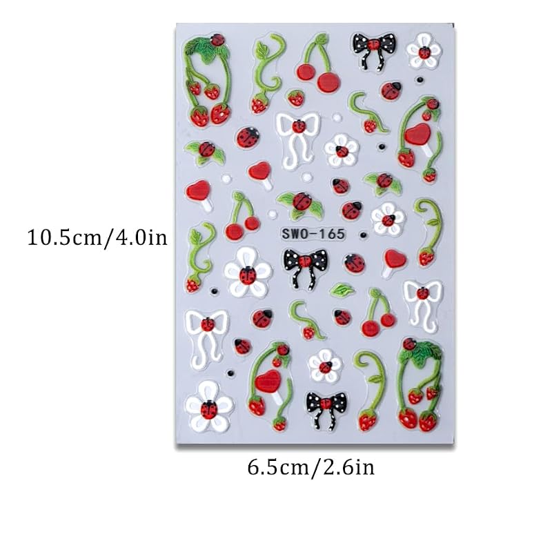 5D Embossed Nail Art Stickers Strawberry Ladybug Self-Adhesive Decals