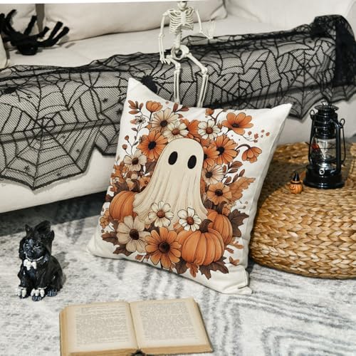 Halloween Ghost Pumpkin Throw Pillow Cover - 18x18 Inch Polyester Cushion