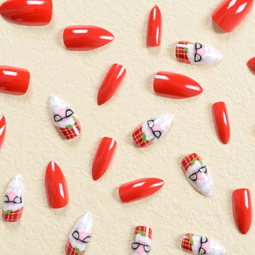Christmas Press On Almond False Nails Red Glossy Winter Holly Designs