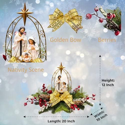 Lighted Nativity Scene Christmas Decor with Timer and Gold Bow, 20 Inches