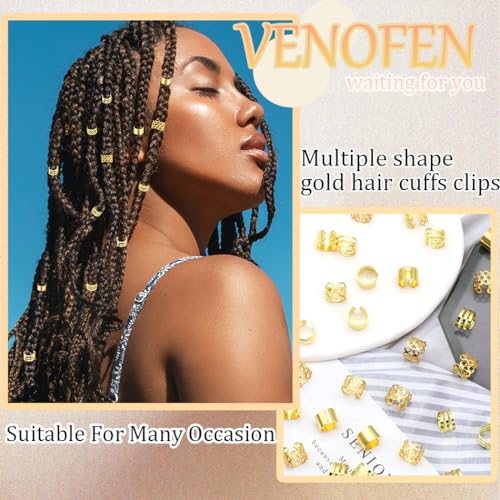 VENOFEN 40PCS Gold Hair Cuffs for Dreadlocks & Braids - Adjustable Metal Alloy Hair Rings