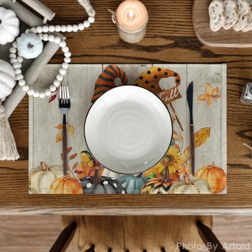 Wood Gnomes Pumpkin Fall Placemats Set of 4 - 12x18 Inch Rectangular Seasonal Table Decor