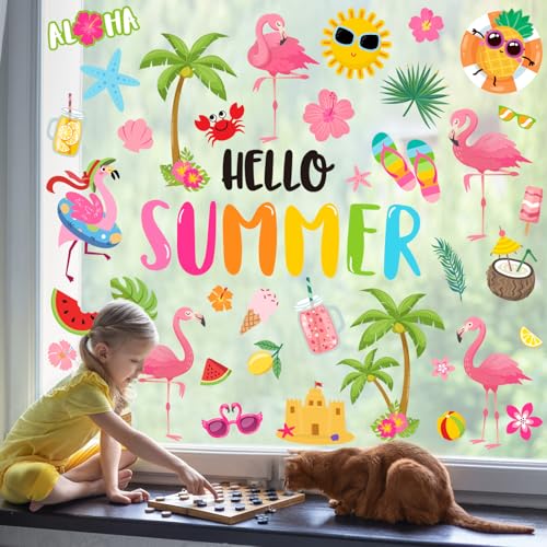 9 Sheets Hello Summer Flamingo Window Clings - Tropical Beach Decor
