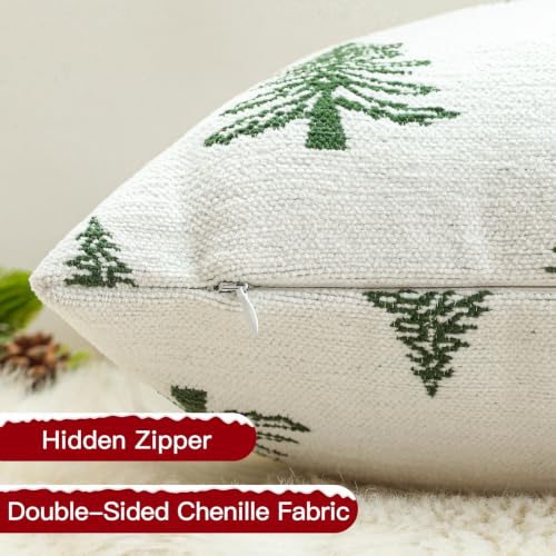 Beige & Green Chenille Christmas Pillow Covers 18x18 Inch Set of 2 - Festive Holiday Decor