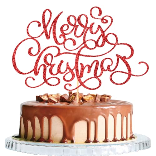 Merry Christmas Cake Topper Red Glitter Holiday Party Decoration