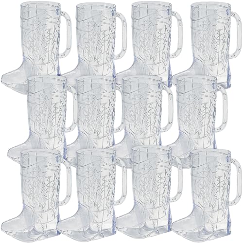 17oz Cowboy Boot Cups - Clear Plastic Party Mug Set, 12 Pack - Western Theme