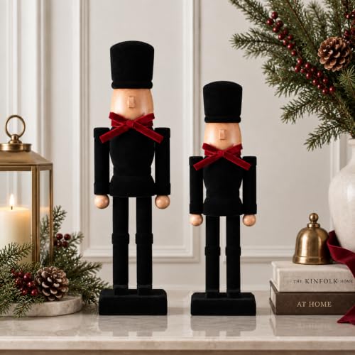 Christmas Wooden Nutcracker Figures Decor Set - 15 Inch & 10 Inch Flocked Soldiers