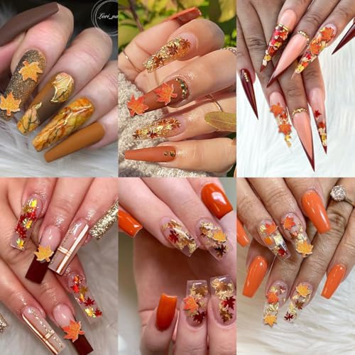 100Pcs 3D Fall Maple Leaf Nail Art Charms - Orange Gold Resin Autumn Gems