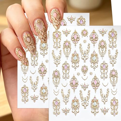 Porszova 3D Embossed Gold Gemstone Nail Stickers - 2 Sheets