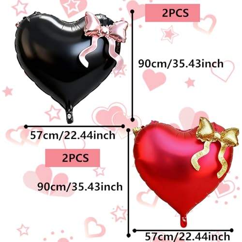 22 Inch Black and Red Heart Foil Balloons with Bow for Party Decor