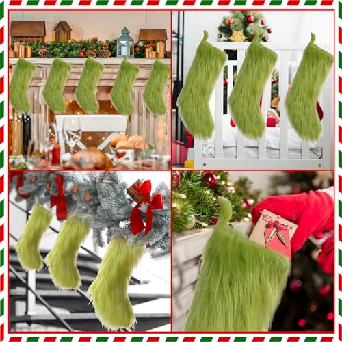 18 Inch Green Christmas Stocking Faux Fur Holiday Stocking Gift Bag