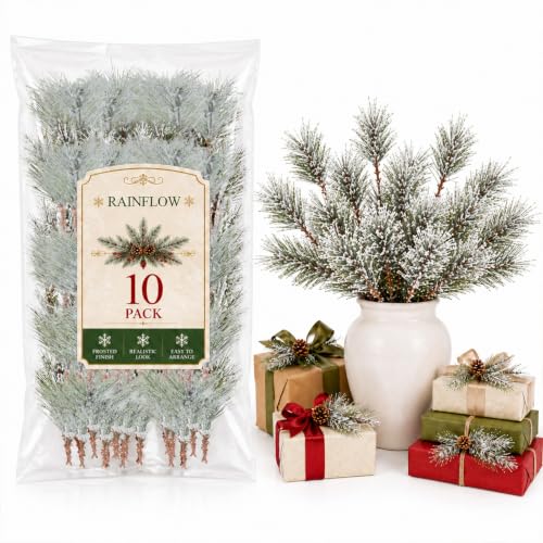 RAINFLOW Snowy Faux Pine Needle Picks - 10PCS Christmas Decor