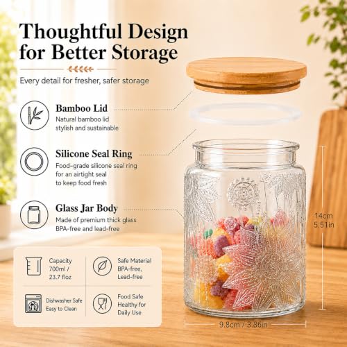 Custde Vintage Sunflower Glass Jar, 23.7oz Airtight Bamboo Lid Container