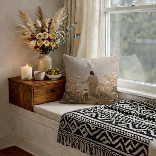 White Jesus and Lamb Pillow Cover 18x18 Christian Religious Home Decor