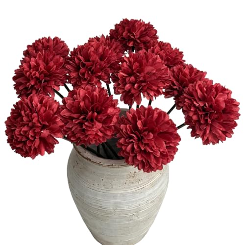 Burgundy Artificial Mums - 12Pcs Silk Flowers with Bendable Stems